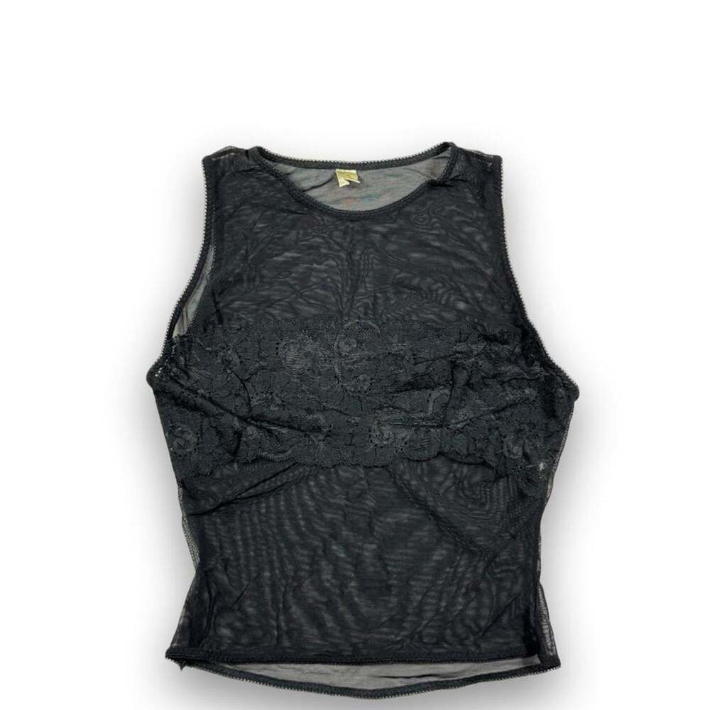 Vintage Victoria's Secret M Black Sheer Mesh Lace Tank Top Y2K Gold Label